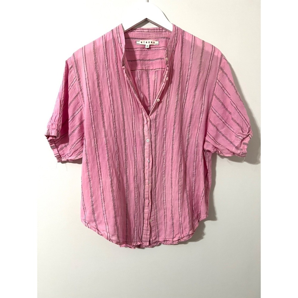 XIRENA Channing Shirt Women XS Pink Metallic Stripe Cotton Boho Coastal Chic Top - Picture 2 of 7